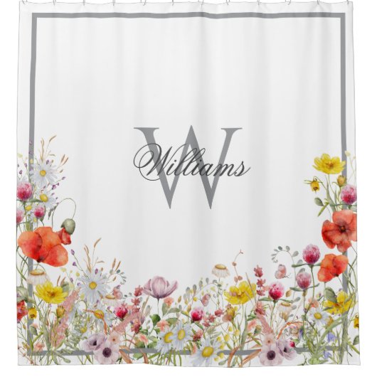 Elegante Wildblume Boho Custom Monogram Name Duschvorhang (Vorderseite)