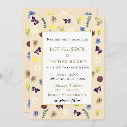 Elegante Wildblume Boho Eggshell Wedding Einladung (Vorne/Hinten)