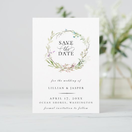 Elegante Wildblume Botanischer Kranz Save the Date Ankündigung (Stehend Vorderseite)