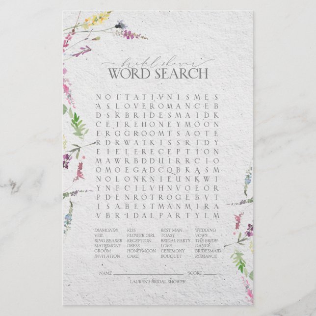 Elegante Wildblume Botanisches Brautparty Spiel (Vorderseite)