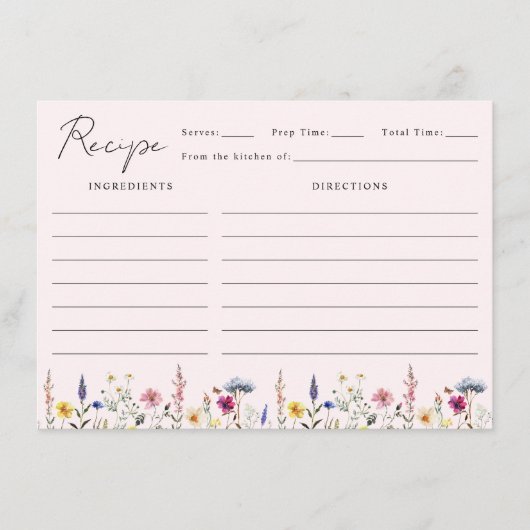 Elegante Wildblume Brautparty Rezept Begleitkarte (Vorderseite)