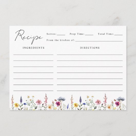 Elegante Wildblume Brautparty Rezept Begleitkarte (Vorderseite)