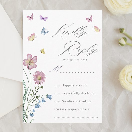 Elegante Wildblume Butterfly Wedding RSVP Begleitkarte