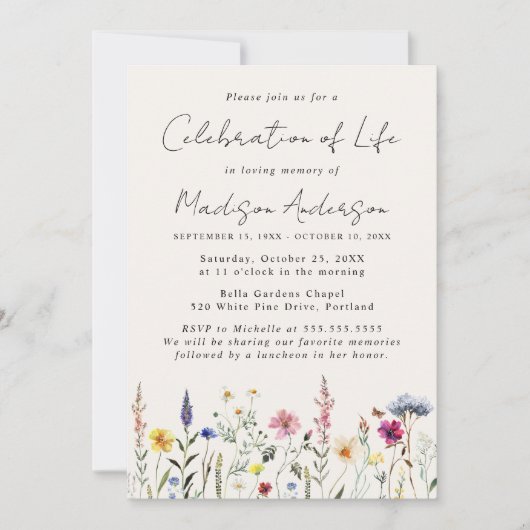 Elegante Wildblume Feier zur Beerdigung des Lebens Einladung (Vorderseite)