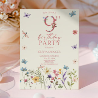 Elegante Wildblume Floral 9. Geburtstagsparty Einladung
