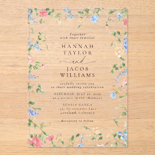 Elegante Wildblume Floral Boho Wedding Acryleinladungen (Vorderseite)