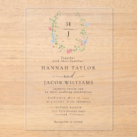 Elegante Wildblume Floral Monogram Wedding Acryleinladungen (Vorderseite)