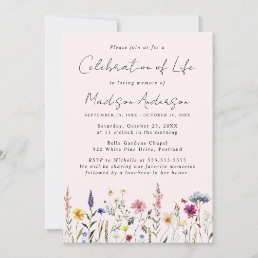 Elegante Wildblume Foto Feier des Lebens Einladung (Vorderseite)