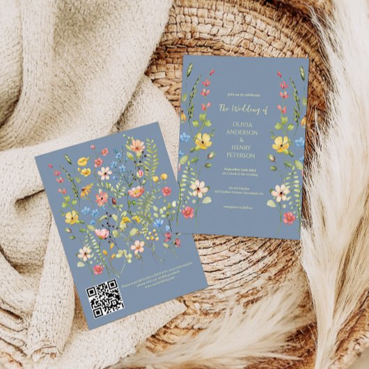 Elegante Wildblume Garden Blue QR Code Hochzeit Einladung