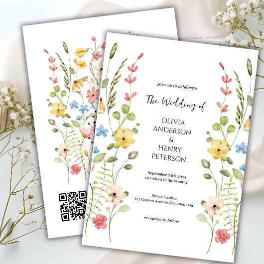 Elegante Wildblume Garden Floral QR Code Hochzeit Einladung