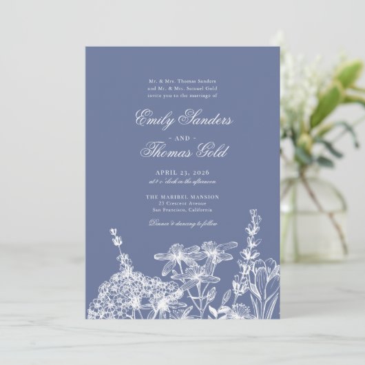 Elegante Wildblume Garden Script Hochzeit Einladung (Stehend Vorderseite)