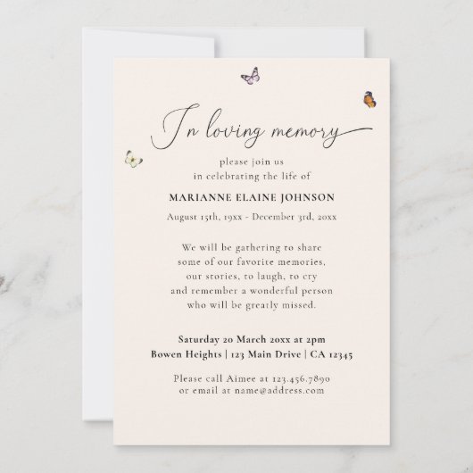 Elegante Wildblume - Gedenkfeier Einladung (Rückseite)