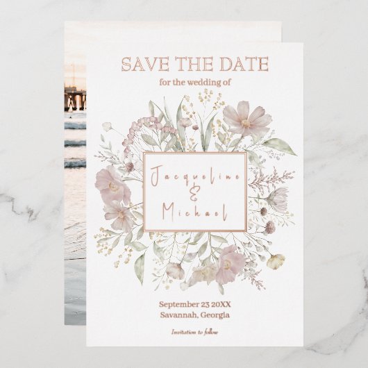 Elegante Wildblume Gold Rose Save the Date Folieneinladung (Vorderseite/Rückseite)