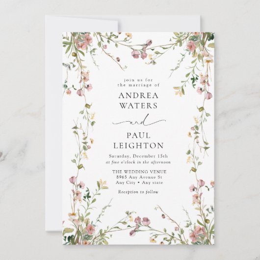 Elegante Wildblume Grüne Hochzeit Einladung (Vorderseite)