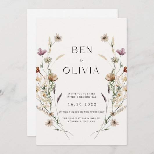 Elegante Wildblume Hochzeit Einladung (Vorne/Hinten)
