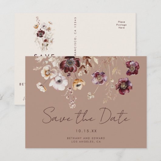Elegante Wildblume Hochzeit im Herbst Save the Dat Postkarte (Vorne/Hinten)
