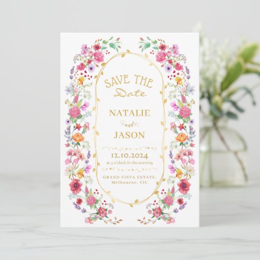 Elegante Wildblume Hochzeit im Wilhelm Garten Save The Date (Stehend Vorderseite)