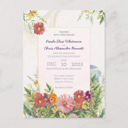 Elegante Wildblume Hochzeit Postkarte (Vorderseite)