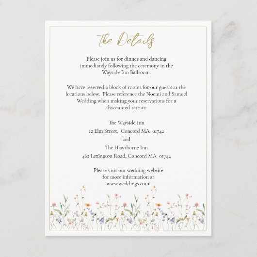 Elegante Wildblume Hochzeiten Details Begleitkarte (Vorderseite)