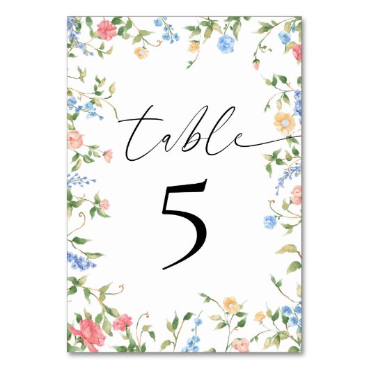 Elegante Wildblume Hochzeitsempfang Tischnummer (Vorderseite)