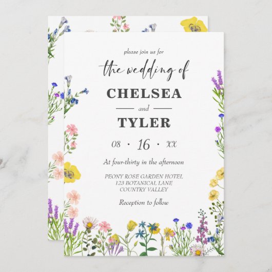 Elegante Wildblume Hübsche Hochzeit der Wildflora Einladung (Vorne/Hinten)