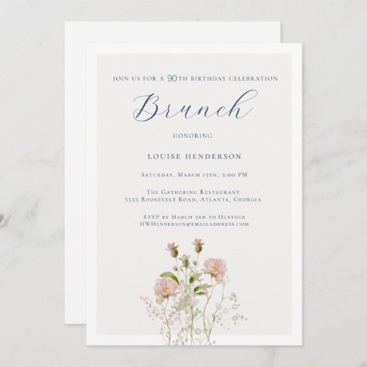 Elegante Wildblume Kalligraphie 90. Geburtstag Einladung (Vorne/Hinten)
