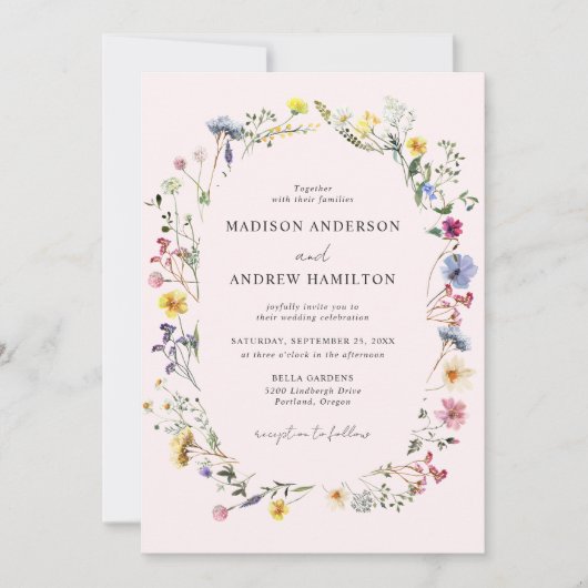 Elegante Wildblume Meadow Blush Pink Wedding Einladung (Vorderseite)