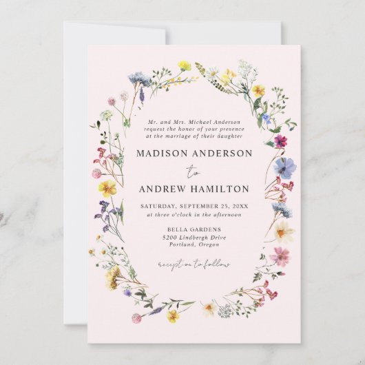 Elegante Wildblume Meadow Blush Pink Wedding Einladung (Vorderseite)