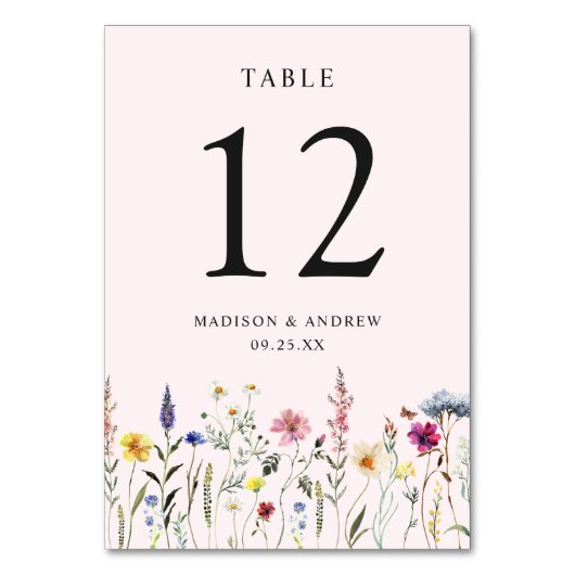 Elegante Wildblume Meadow Blush Pink Wedding Tischnummer (Vorderseite)