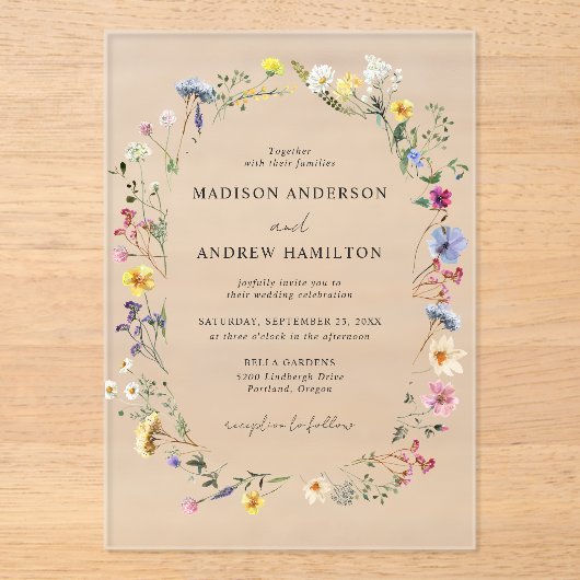 Elegante Wildblume Meadow Wedding Acryleinladungen (Vorderseite)