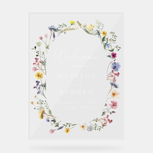 Elegante Wildblume Meadow Wedding Willkommen Acrylschild (Vorderseite)