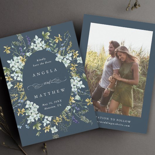 Elegante Wildblume Oval Frame Wedding Foto Navy Save The Date