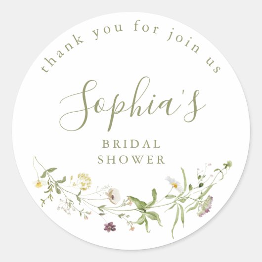 Elegante Wildblume Rustic Boho Brautparty Runder Aufkleber (Vorderseite)
