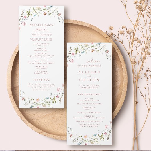 Elegante Wildblume Rustic Boho Hochzeitsprogramm Programm
