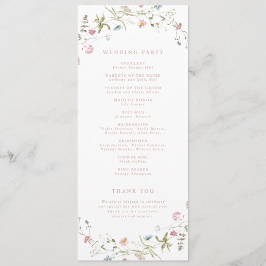 Elegante Wildblume Rustic Boho Hochzeitsprogramm Programm (Rückseite)