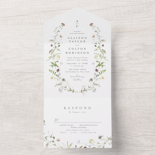 Elegante Wildblume Rustic Boho Wedding Monogramm All In One Einladung (Innen Boden)