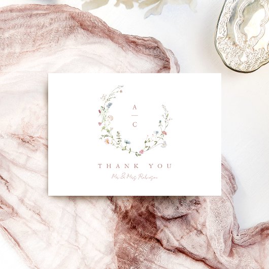 Elegante Wildblume Rustic Boho Wedding Monogramm Dankeskarte