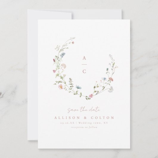 Elegante Wildblume Rustic Boho Wedding Monogramm Save The Date (Vorderseite)