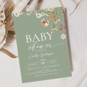 Elegante Wildblume Sage Green Boho Babydusche Einladung