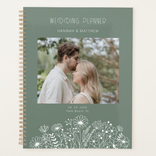 Elegante Wildblume Sage Green Boho Foto Hochzeit Planer (Vorderseite)
