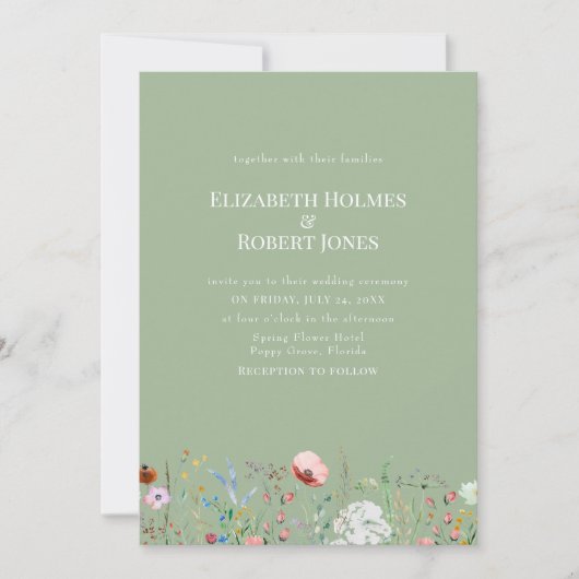 Elegante Wildblume Sage Green Wedding Einladung (Vorderseite)