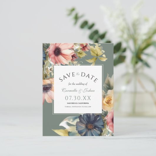 Elegante Wildblume Save the Date Postkarte (Stehend Vorderseite)