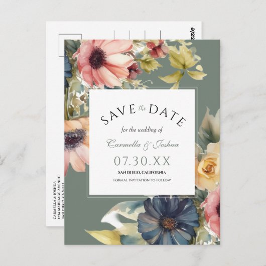 Elegante Wildblume Save the Date Postkarte (Vorne/Hinten)
