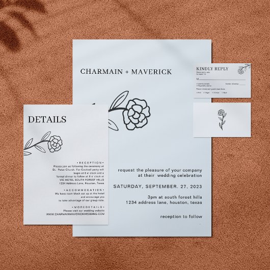 Elegante Wildblume Schwarz-Weiß-Hochzeiten Details Begleitkarte