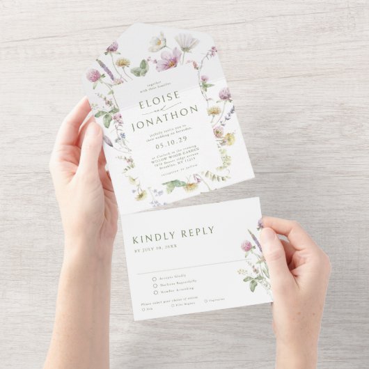 Elegante Wildblume Soft Pastel Botanische Hochzeit All In One Einladung (Abreißen)