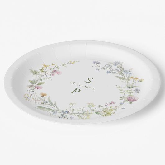 Elegante Wildblume Soft Pastel Botanische Hochzeit Pappteller (Schrägansicht)