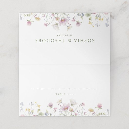 Elegante Wildblume Soft Pastel Botanische Hochzeit Platzkarte (Außenseite Aufgefaltet)