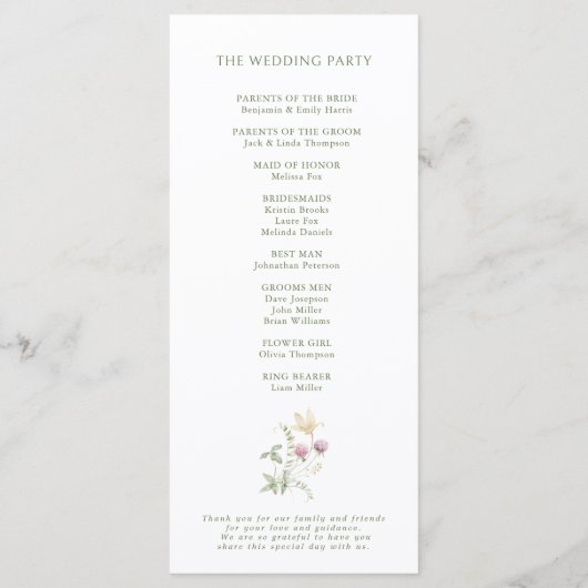 Elegante Wildblume Soft Pastel Botanische Hochzeit Programm (Rückseite)