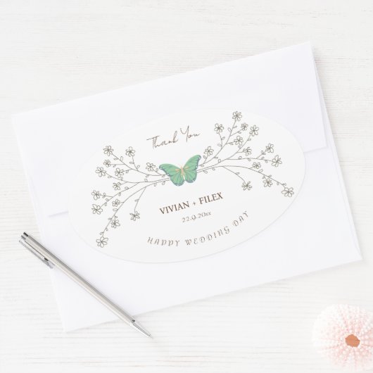 Elegante Wildblume und Schmetterling Danke Ovaler Aufkleber (Umschlag)
