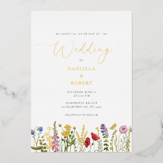 Elegante Wildblume Wasserfarbe Hochzeit Folieneinladung (Vorderseite)